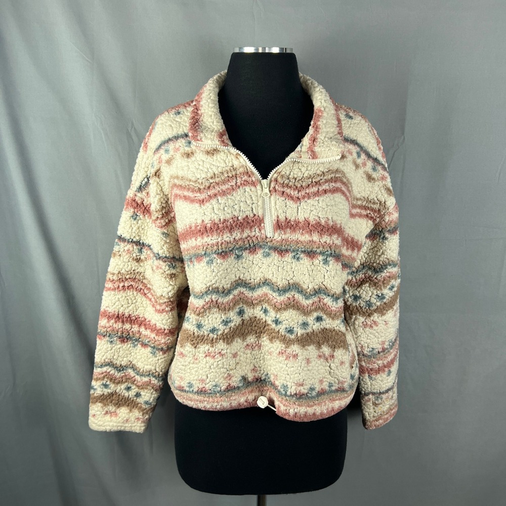 Pink Republic Quarter Zip Jacket Womens Medium Beige Southwestern Sherpa Fleece